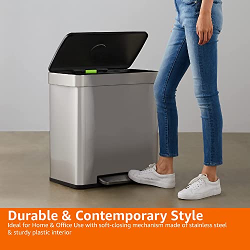 Amazon Basics Dual Compartment Recycling Trash Can with Soft-Close Lid, Fingerprint Resistant, Removable Liner Buckets, 60 Liters, Rectangular, Grey, Silver - My Kitchen Products