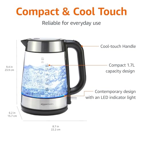 Amazon Basics Electric Kettle with Glass Carafe for Tea and Coffee, BPA-Free, Fast Boiling, Auto Shut-Off, Boil-Dry Protection, Water Level Indicator, 1.7 Liter, 1500W, Black and Silver - My Kitchen Products