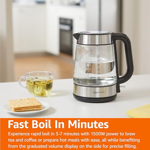 Amazon Basics Electric Kettle with Glass Carafe for Tea and Coffee, BPA-Free, Fast Boiling, Auto Shut-Off, Boil-Dry Protection, Water Level Indicator, 1.7 Liter, 1500W, Black and Silver - My Kitchen Products