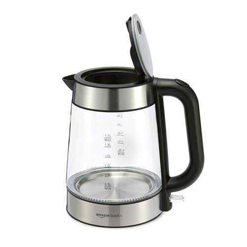 Amazon Basics Electric Kettle with Glass Carafe for Tea and Coffee, BPA-Free, Fast Boiling, Auto Shut-Off, Boil-Dry Protection, Water Level Indicator, 1.7 Liter, 1500W, Black and Silver - My Kitchen Products