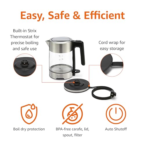 Amazon Basics Electric Kettle with Glass Carafe for Tea and Coffee, BPA-Free, Fast Boiling, Auto Shut-Off, Boil-Dry Protection, Water Level Indicator, 1.7 Liter, 1500W, Black and Silver - My Kitchen Products