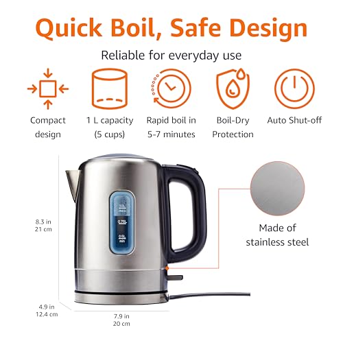Amazon Basics Electric Stainless Steel Kettle for Tea and Coffee, BPA-Free, Fast Boiling, Auto Shut-Off, 1 Liter, 1500W, Black and Silver - My Kitchen Products