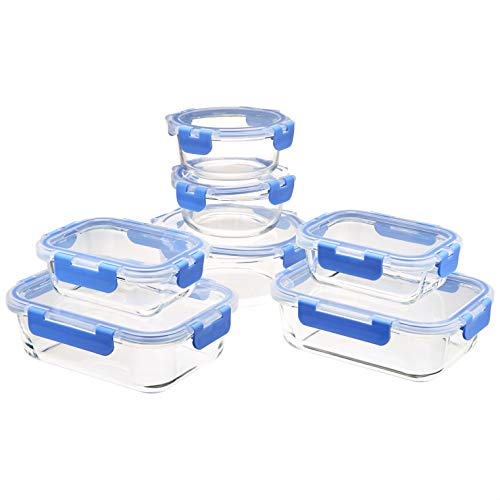 Amazon Basics Glass Food Storage Containers, Leak Proof, Oven Safe, Easy to Clean, Stain Resistant, Set of 7, 14 Pieces Including Lids, BPA-Free, Clear with Blue Silicone Ring - My Kitchen Products