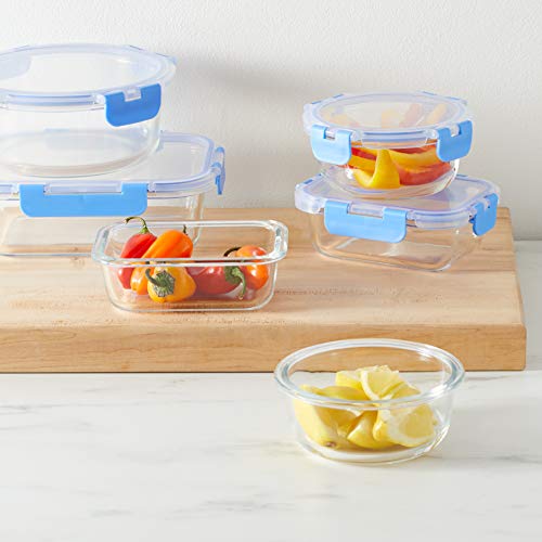 Amazon Basics Glass Food Storage Containers, Leak Proof, Oven Safe, Easy to Clean, Stain Resistant, Set of 7, 14 Pieces Including Lids, BPA-Free, Clear with Blue Silicone Ring - My Kitchen Products