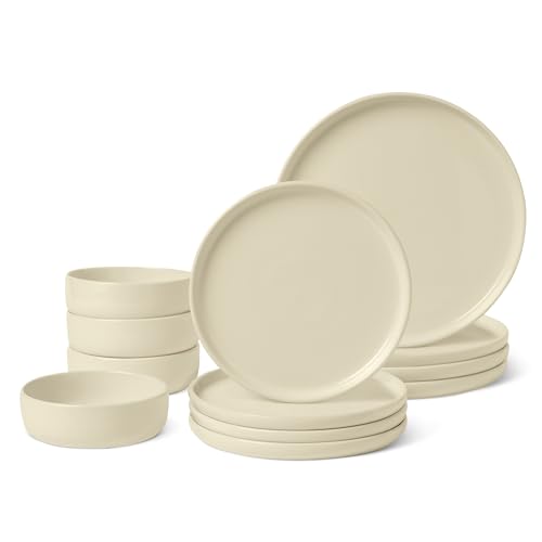 Amazon Basics Glazed Stoneware Dinnerware Set, Ceramic, Dishwasher-Safe, Freezer-Safe, 4 Full Place Settings, 12-Piece, Ivory - My Kitchen Products