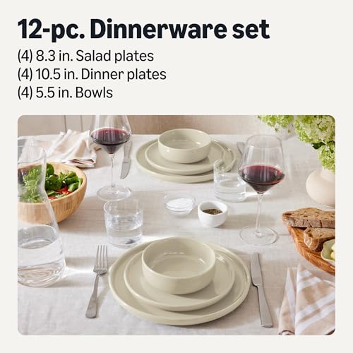 Amazon Basics Glazed Stoneware Dinnerware Set, Ceramic, Dishwasher-Safe, Freezer-Safe, 4 Full Place Settings, 12-Piece, Ivory - My Kitchen Products