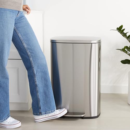 Amazon Basics LARGE Trash Can, 13.2 Gallon (50L), Smudge Resistant Rectangular Bin with Soft-Close Lid, Step Foot Pedal, Removable Inner Bucket, Brushed Stainless Steel, Satin Nickel Finish - My Kitchen Products