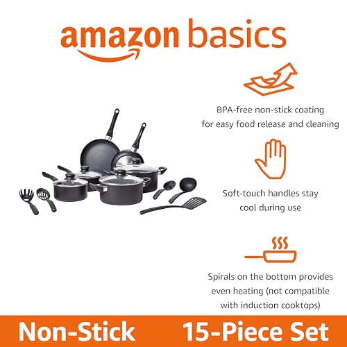 Amazon Basics Non-Stick Kitchen Cookware 15-Piece Set with Stay-Cool Handles, Even Heating, Non-Induction, Includes Pots, Pans, and Utensils, Black - My Kitchen Products