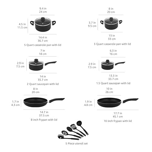 Amazon Basics Non-Stick Kitchen Cookware 15-Piece Set with Stay-Cool Handles, Even Heating, Non-Induction, Includes Pots, Pans, and Utensils, Black - My Kitchen Products