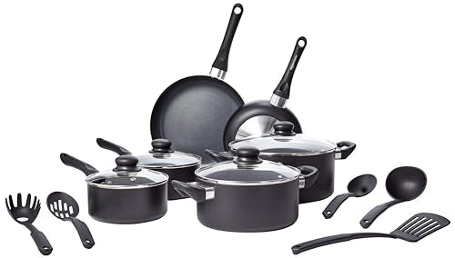 Amazon Basics Non-Stick Kitchen Cookware 15-Piece Set with Stay-Cool Handles, Even Heating, Non-Induction, Includes Pots, Pans, and Utensils, Black - My Kitchen Products