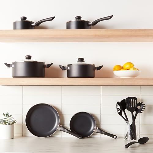 Amazon Basics Non-Stick Kitchen Cookware 15-Piece Set with Stay-Cool Handles, Even Heating, Non-Induction, Includes Pots, Pans, and Utensils, Black - My Kitchen Products