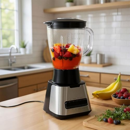 Amazon Basics Powerful 700W Countertop Blender with 6-Cup (50 Fl. Oz) Glass Jar, 6 Pre-Programmed Functions, Ice Crush, Stainless Steel Blades, Black & Silver - My Kitchen Products