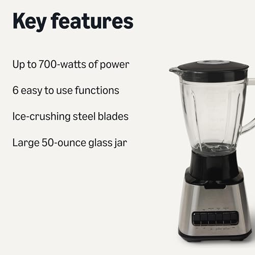 Amazon Basics Powerful 700W Countertop Blender with 6-Cup (50 Fl. Oz) Glass Jar, 6 Pre-Programmed Functions, Ice Crush, Stainless Steel Blades, Black & Silver - My Kitchen Products