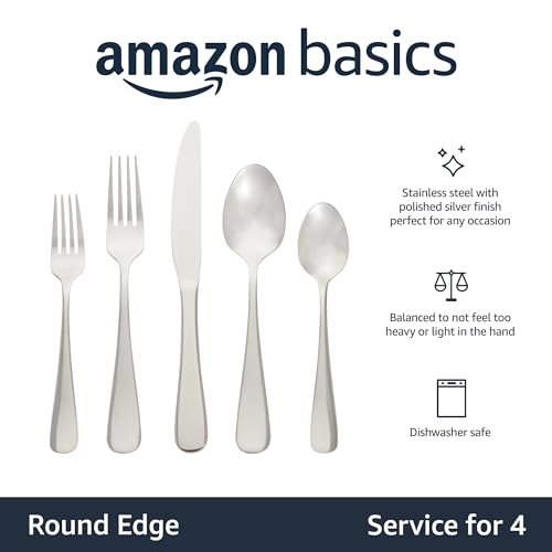 Amazon Basics Silverware Set, Stainless Steel Flatware, Dishwasher Safe, Service for 4, 20-Piece Forks and Spoons, Round Edge, Everyday Use - My Kitchen Products