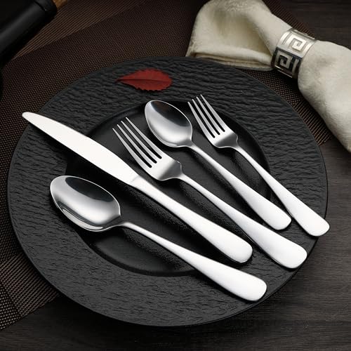 Amazon Basics Silverware Set, Stainless Steel Flatware, Dishwasher Safe, Service for 4, 20-Piece Forks and Spoons, Round Edge, Everyday Use - My Kitchen Products