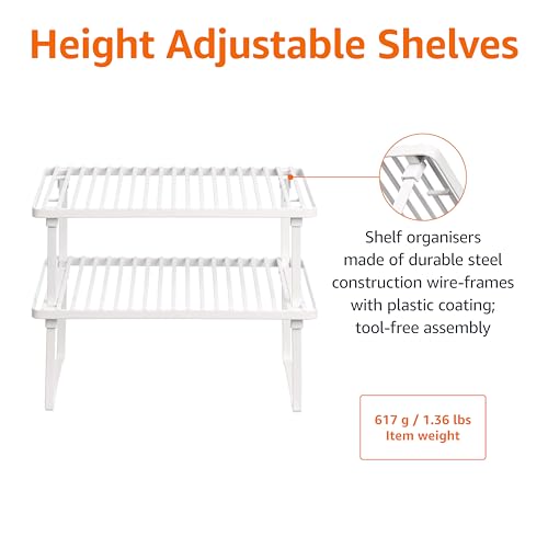 Amazon Basics Space-Saving Stackable Metal Kitchen Cabinet Organizer Shelves for Dishes, Pantry Organization, 12.5" L x 8" D x 4.5" H, Set of 2, White - My Kitchen Products