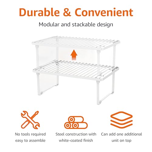 Amazon Basics Space-Saving Stackable Metal Kitchen Cabinet Organizer Shelves for Dishes, Pantry Organization, 12.5" L x 8" D x 4.5" H, Set of 2, White - My Kitchen Products