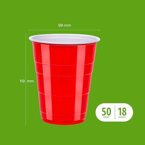 Amazon Basics Sturdy Disposable Plastic Party Cups for Cold Drinks, Red, 18oz, 50 Count, BPA-Free - My Kitchen Products