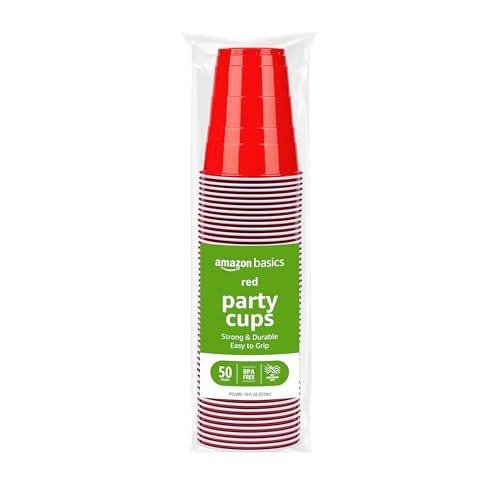 Amazon Basics Sturdy Disposable Plastic Party Cups for Cold Drinks, Red, 18oz, 50 Count, BPA-Free