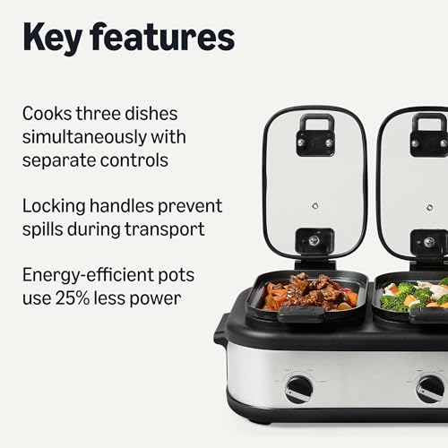 Amazon Basics Triple Slow Cooker with Ceramic Non-Stick Coating and Temperature Controls, 3 x 2.5 Quarts, Stainless Steel - My Kitchen Products