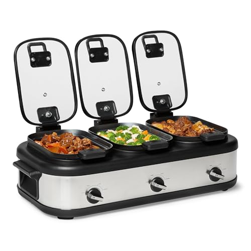 Amazon Basics Triple Slow Cooker with Ceramic Non-Stick Coating and Temperature Controls, 3 x 2.5 Quarts, Stainless Steel - My Kitchen Products