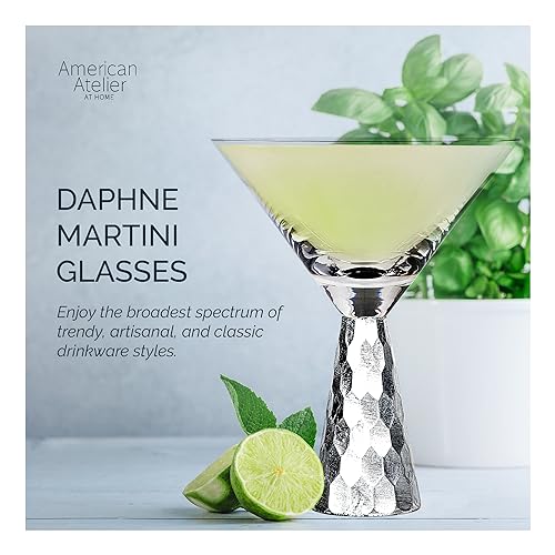 American Atelier Daphne Martini Glasses | Set of 2 | Hammered Metal Design | 9-Ounce Capacity | Elegant Cocktail Barware for Martini or Cosmopolitan (Silver) - My Kitchen Products