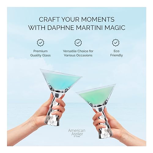 American Atelier Daphne Martini Glasses | Set of 2 | Hammered Metal Design | 9-Ounce Capacity | Elegant Cocktail Barware for Martini or Cosmopolitan (Silver) - My Kitchen Products