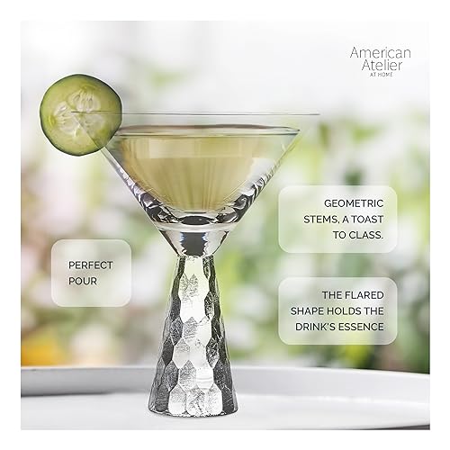 American Atelier Daphne Martini Glasses | Set of 2 | Hammered Metal Design | 9-Ounce Capacity | Elegant Cocktail Barware for Martini or Cosmopolitan (Silver) - My Kitchen Products