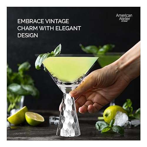 American Atelier Daphne Martini Glasses | Set of 2 | Hammered Metal Design | 9-Ounce Capacity | Elegant Cocktail Barware for Martini or Cosmopolitan (Silver) - My Kitchen Products