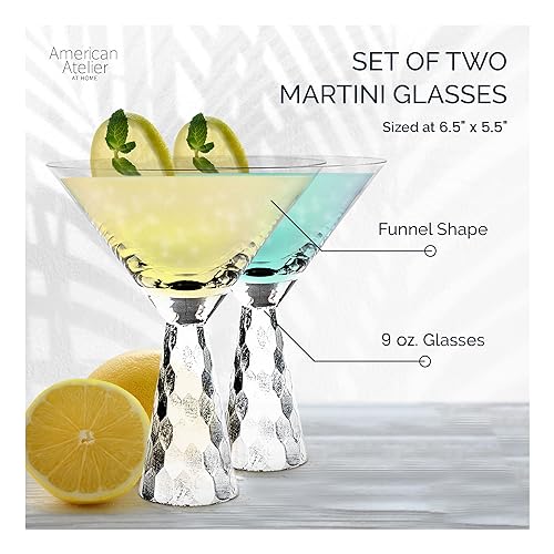 American Atelier Daphne Martini Glasses | Set of 2 | Hammered Metal Design | 9-Ounce Capacity | Elegant Cocktail Barware for Martini or Cosmopolitan (Silver) - My Kitchen Products