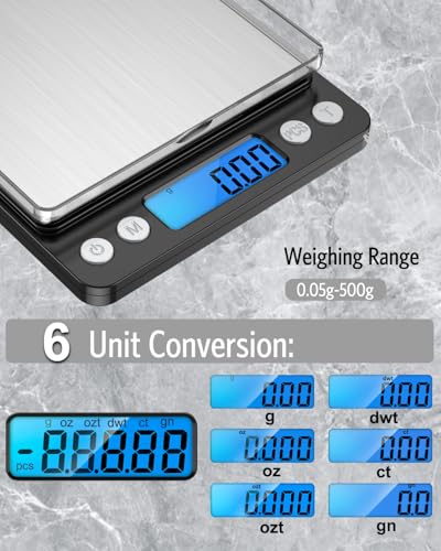 AMIR Digital Kitchen Scale, 500g/0.01g Mini Pocket Jewelry Scale, Cooking Food Scale with Backlit LCD Display, 2 Trays, 6 Units, Auto Off, Tare, PCS Function, Stainless Steel, Battery Included, Black - My Kitchen Products