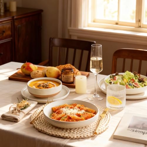 AmorArc Ceramic Dinnerware Sets with Pasta Bowls for 6, Handpainted Plates and Bowls Set with Rustic Terracotta Underside, Scratch Resistant Dishes Set, Dishwasher & Microwave Safe, 24 Pcs - My Kitchen Products