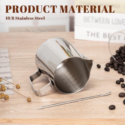 Amrules Milk Frothing Pitcher, 12oz Milk Frother Cup with Clear Scale, 304 Stainless Steel Cappuccino Espresso Machine Accessories for Barista Coffee Bar with Latte Art Pen, Silver - My Kitchen Products