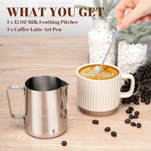 Amrules Milk Frothing Pitcher, 12oz Milk Frother Cup with Clear Scale, 304 Stainless Steel Cappuccino Espresso Machine Accessories for Barista Coffee Bar with Latte Art Pen, Silver - My Kitchen Products