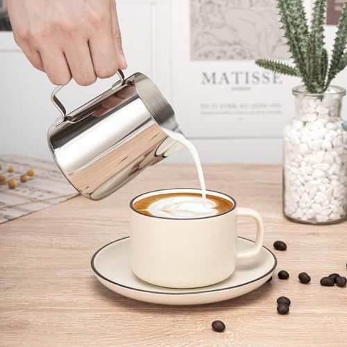 Amrules Milk Frothing Pitcher, 12oz Milk Frother Cup with Clear Scale, 304 Stainless Steel Cappuccino Espresso Machine Accessories for Barista Coffee Bar with Latte Art Pen, Silver - My Kitchen Products