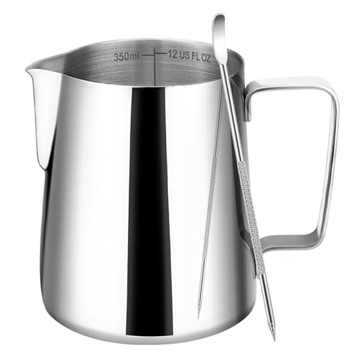 Amrules Milk Frothing Pitcher, 12oz Milk Frother Cup with Clear Scale, 304 Stainless Steel Cappuccino Espresso Machine Accessories for Barista Coffee Bar with Latte Art Pen, Silver - My Kitchen Products