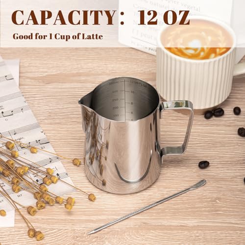 Amrules Milk Frothing Pitcher, 12oz Milk Frother Cup with Clear Scale, 304 Stainless Steel Cappuccino Espresso Machine Accessories for Barista Coffee Bar with Latte Art Pen, Silver - My Kitchen Products