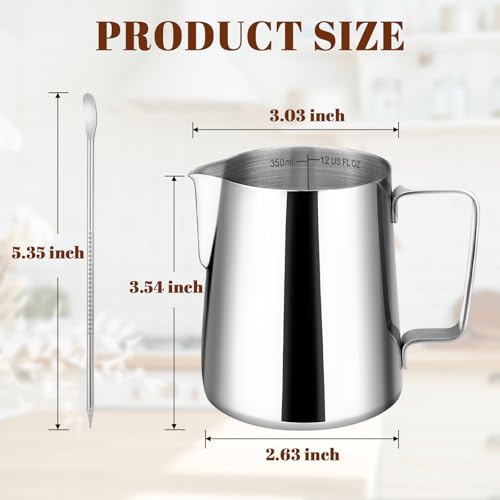 Amrules Milk Frothing Pitcher, 12oz Milk Frother Cup with Clear Scale, 304 Stainless Steel Cappuccino Espresso Machine Accessories for Barista Coffee Bar with Latte Art Pen, Silver - My Kitchen Products