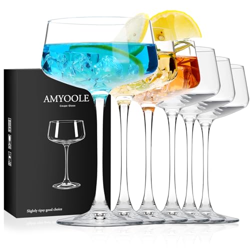 Amyoole Martini Glasses Set of 6, 8 oz Premium Crystal Coupe Glasses, Hand Blown Champagne Drinkware with 6 Cocktail