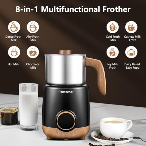 AMZCHEF 8-IN-1 Milk Frother and Steamer 550 Watts, 21 oz Split Stainless Steel Automatic Steamer, Milk's Warmer for Latte, Cappuccino, Hot and Cold Froth, Heated Milk, Hot Chocolate, Baby Food, Black - My Kitchen Products