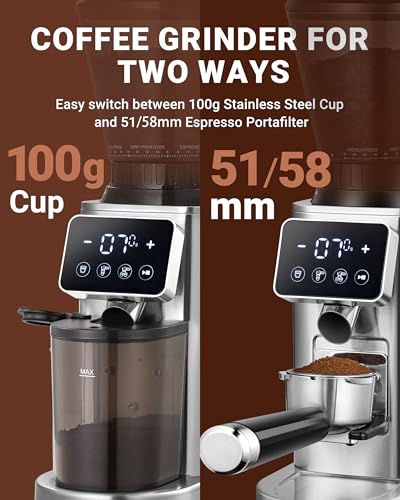 AMZCHEF Coffee Grinder, Coffee Bean Grinder for Home Use with Precise Grinding, LED Control Panel, Detachable Funnel Stand, Anti-static Design, 48 Grind Settings, Silver - My Kitchen Products
