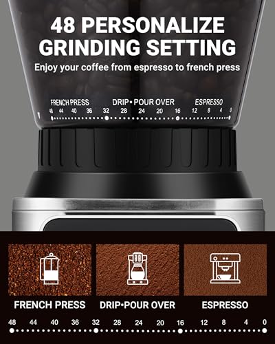 AMZCHEF Coffee Grinder, Coffee Bean Grinder for Home Use with Precise Grinding, LED Control Panel, Detachable Funnel Stand, Anti-static Design, 48 Grind Settings, Silver - My Kitchen Products