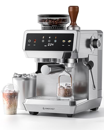 AMZCHEF Espresso Machine With Grinder, 190℉-201℉ Temp Control Coffee machine with 44 Grind Setting, Milk Frother, Touch Screen, Cold Brew, Sliver - My Kitchen Products