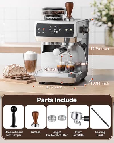 AMZCHEF Espresso Machine With Grinder, 190℉-201℉ Temp Control Coffee machine with 44 Grind Setting, Milk Frother, Touch Screen, Cold Brew, Sliver - My Kitchen Products