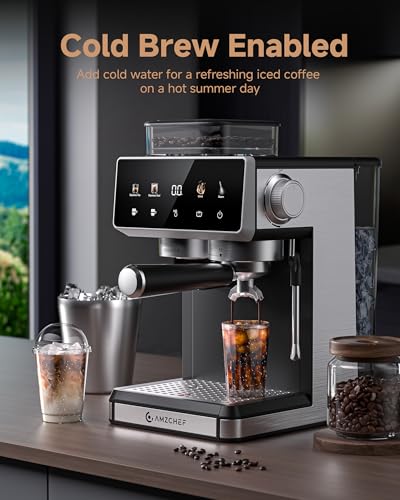 AMZCHEF Espresso Machine with Grinder, 3 Temp 197-205℉ Professional Espresso Machine, 3-10s Pre-Infusion, 20 Grind Settings, Latte Cappuccino Maker Home Barista, Black - My Kitchen Products