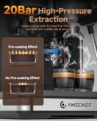 AMZCHEF Espresso Machine with Grinder, 3 Temp 197-205℉ Professional Espresso Machine, 3-10s Pre-Infusion, 20 Grind Settings, Latte Cappuccino Maker Home Barista, Black - My Kitchen Products