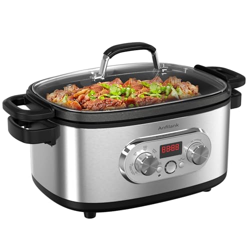 Anfilank 10-in-1 Programmable Slow Cooker with Timer, 6.8 Quart Crock Pot, Presets to Sous Vide, Bake, Sauté, Cook Rice& More, Nonstick Dishwasher-Safe Pot, Adjustable Temp&Time, Stainless Steel - My Kitchen Products