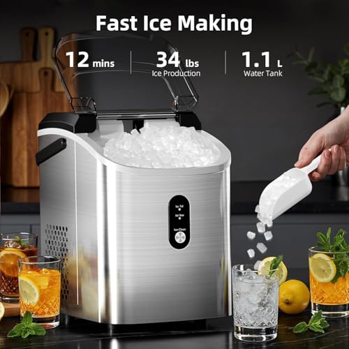 Antarctic Star Nugget Ice Maker Countertop with Soft Chewable Ice, Portable Sonic Ice Maker with Basket and Scoop, Removable Top Cover, Auto-Cleaning for Home/Party/RV/Camping (Stainless Steel Silver) - My Kitchen Products