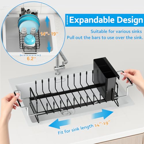 ANTOPY Sink Dish Drying Rack - Expandable Small Dish Rack Over Sinks with Silicone Drying Tray, Dish Drainer for Kitchen Counter with Cutlery Holder, Drying Rack Fit for 14’’-19’’ Kitchen Sink - My Kitchen Products