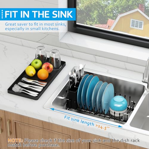 ANTOPY Sink Dish Drying Rack - Expandable Small Dish Rack Over Sinks with Silicone Drying Tray, Dish Drainer for Kitchen Counter with Cutlery Holder, Drying Rack Fit for 14’’-19’’ Kitchen Sink - My Kitchen Products